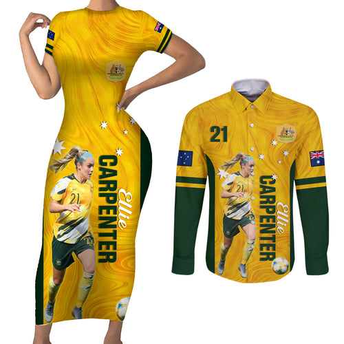 australia-soccer-couples-matching-short-sleeve-bodycon-dress-and-long-sleeve-button-shirt-ellie-carpenter-matildas-gold-version