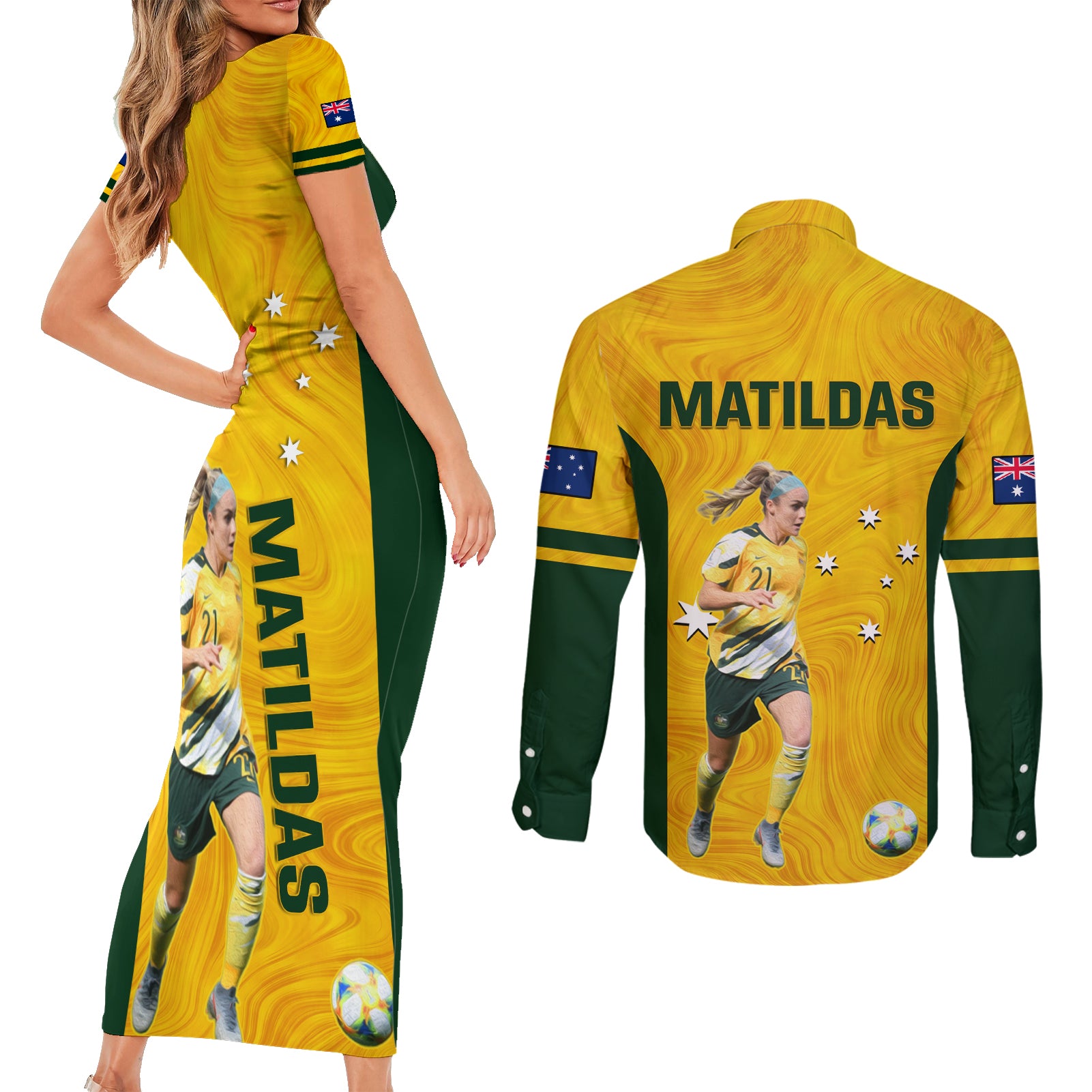 australia-soccer-couples-matching-short-sleeve-bodycon-dress-and-long-sleeve-button-shirt-ellie-carpenter-matildas-gold-version