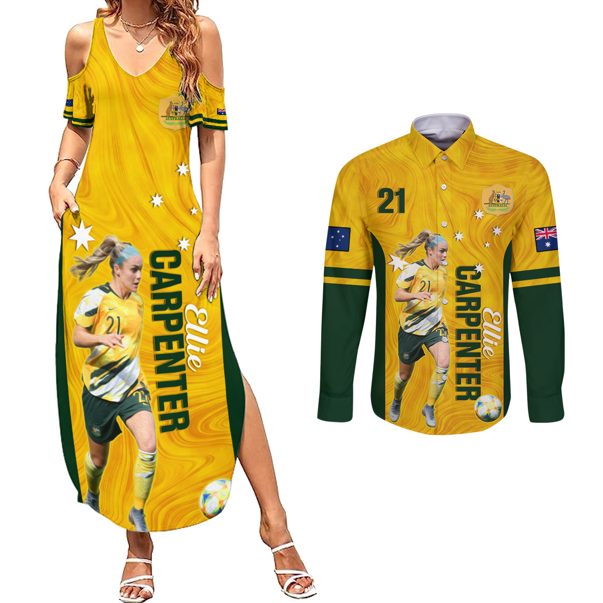 australia-soccer-couples-matching-summer-maxi-dress-and-long-sleeve-button-shirt-ellie-carpenter-matildas-gold-version