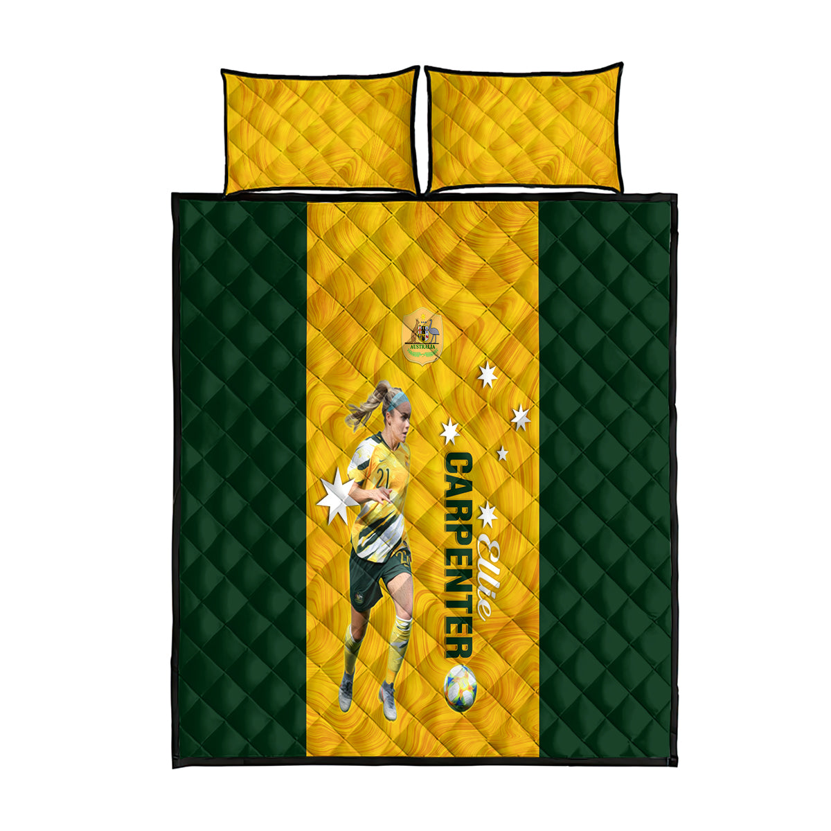 australia-soccer-quilt-bed-set-ellie-carpenter-matildas-gold-version