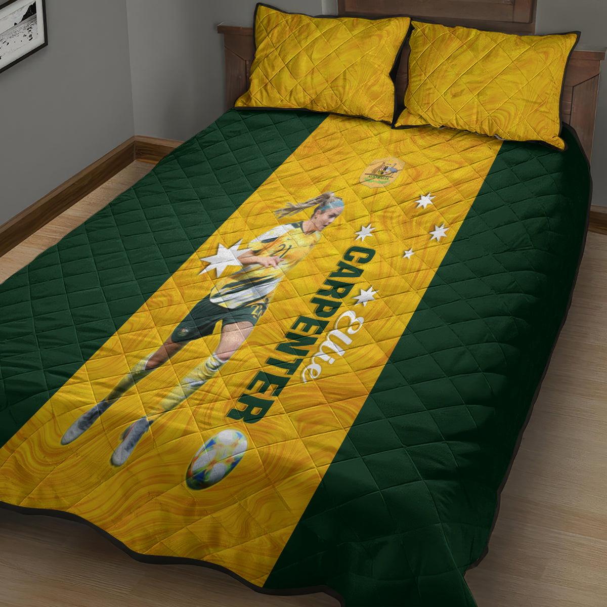 australia-soccer-quilt-bed-set-ellie-carpenter-matildas-gold-version