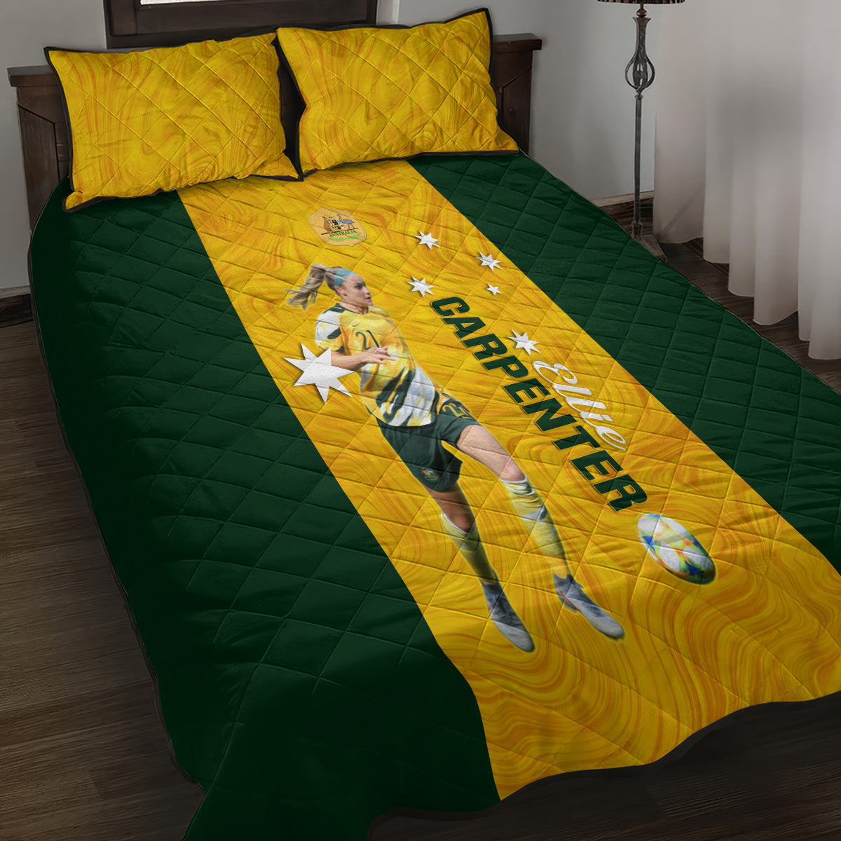 australia-soccer-quilt-bed-set-ellie-carpenter-matildas-gold-version