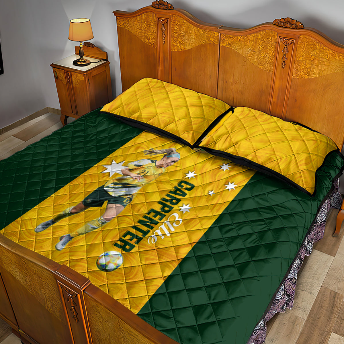 australia-soccer-quilt-bed-set-ellie-carpenter-matildas-gold-version
