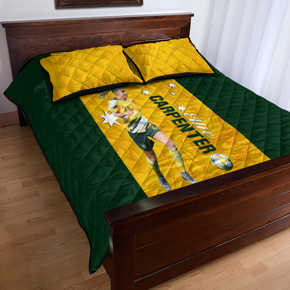 australia-soccer-quilt-bed-set-ellie-carpenter-matildas-gold-version