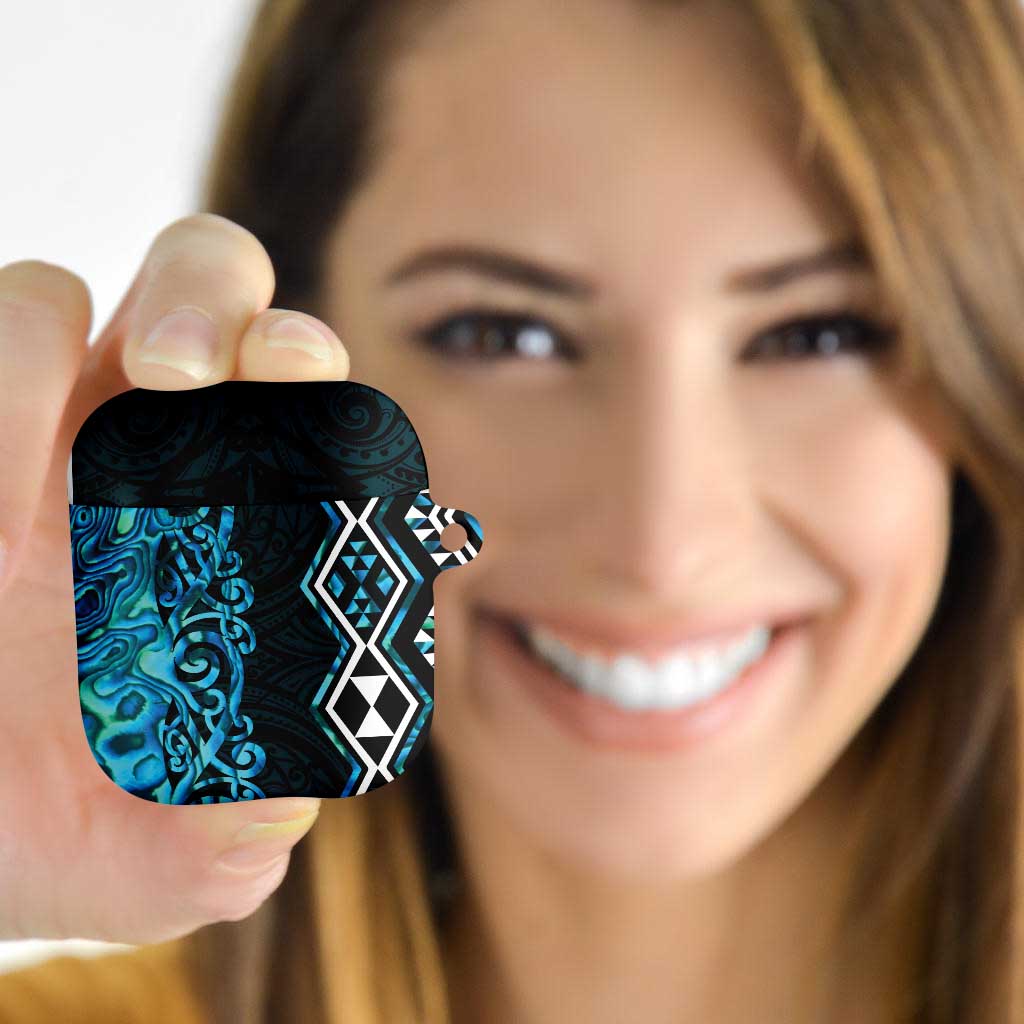 Turquoise Aotearoa AirPods Case Taniko Motifs With Paua Shell Kowhaiwhai - Aussie Hoodie