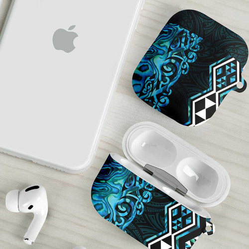 Turquoise Aotearoa AirPods Case Taniko Motifs With Paua Shell Kowhaiwhai - Aussie Hoodie