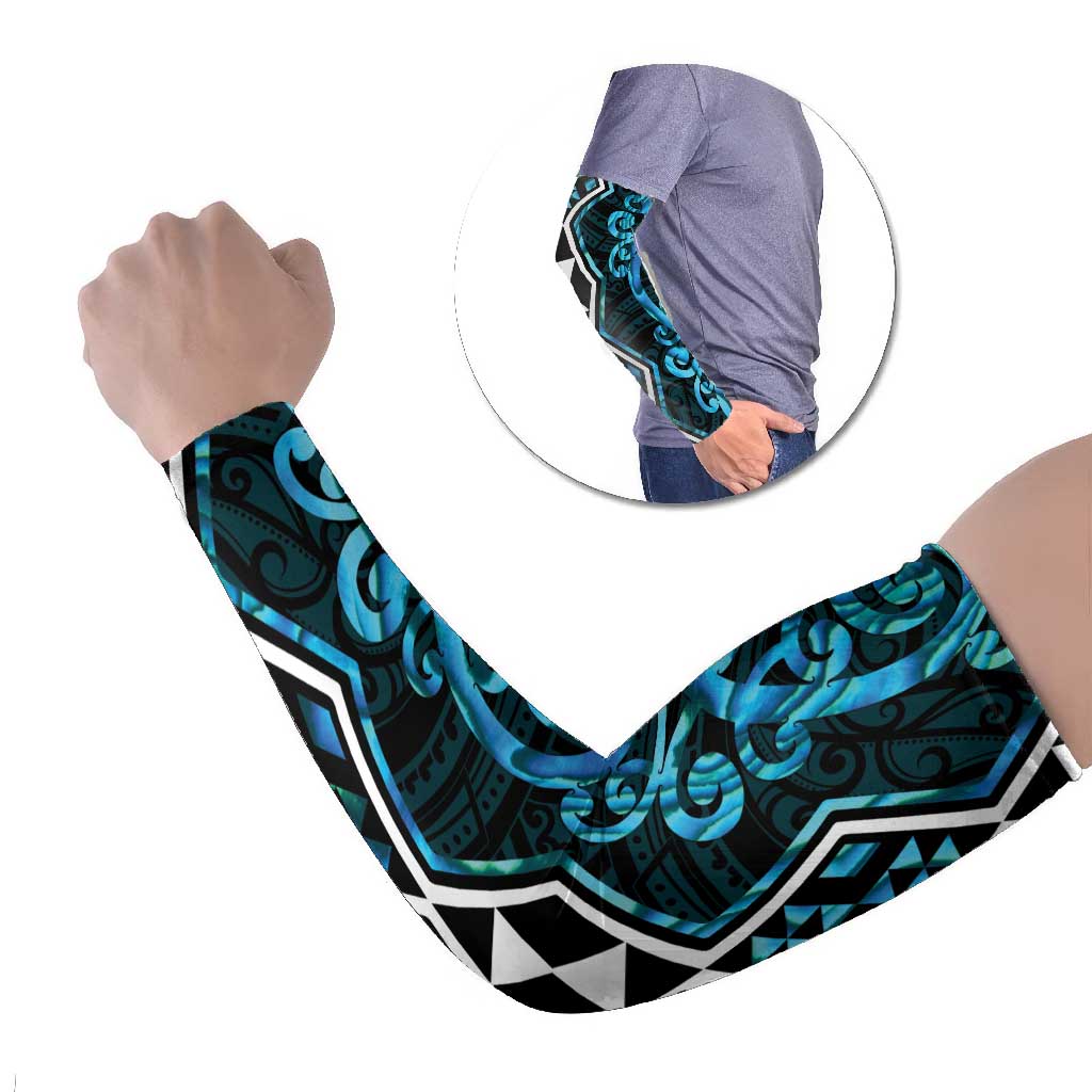 Turquoise Aotearoa Arm Sleeves Taniko Motifs With Paua Shell Kowhaiwhai - Aussie Hoodie
