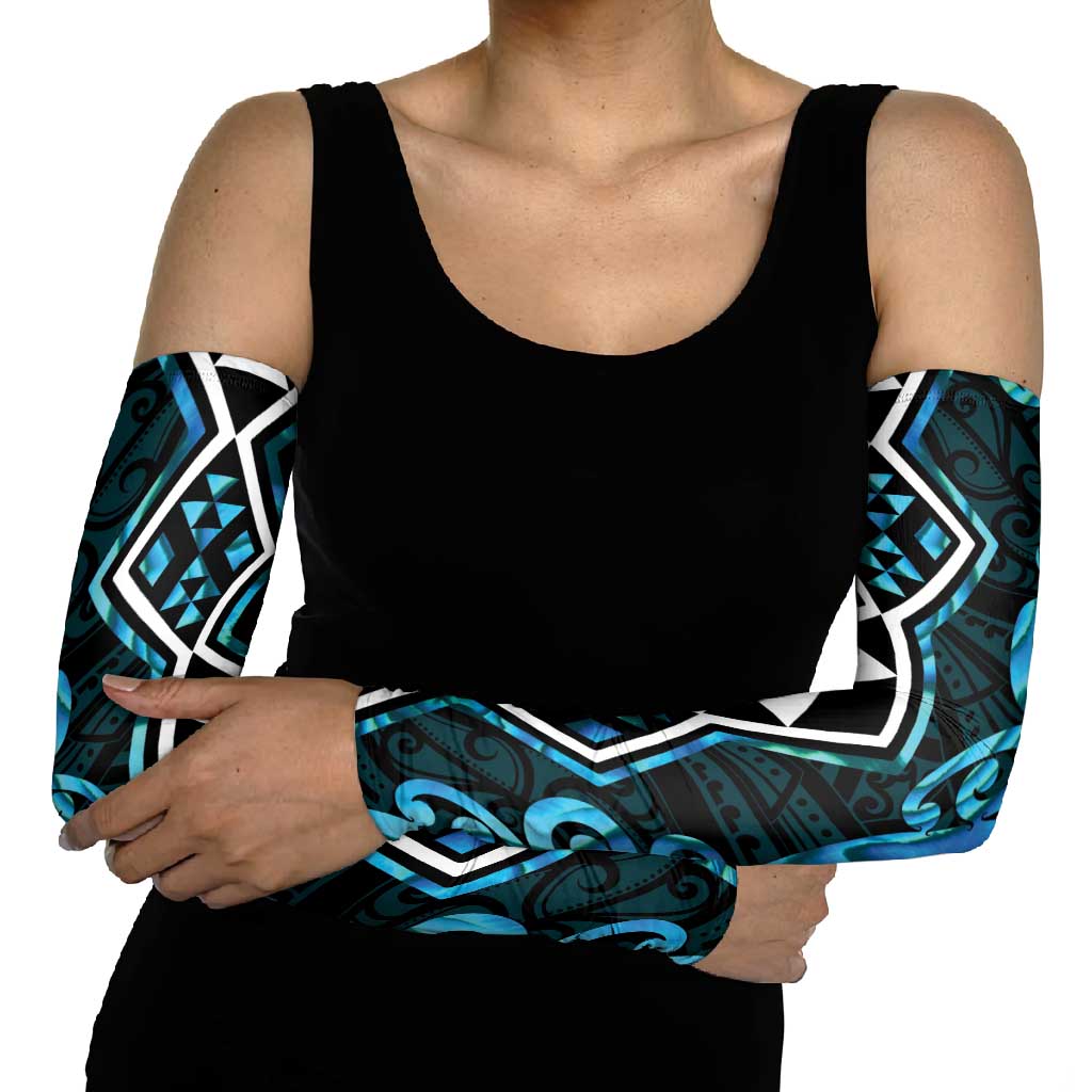 Turquoise Aotearoa Arm Sleeves Taniko Motifs With Paua Shell Kowhaiwhai - Aussie Hoodie