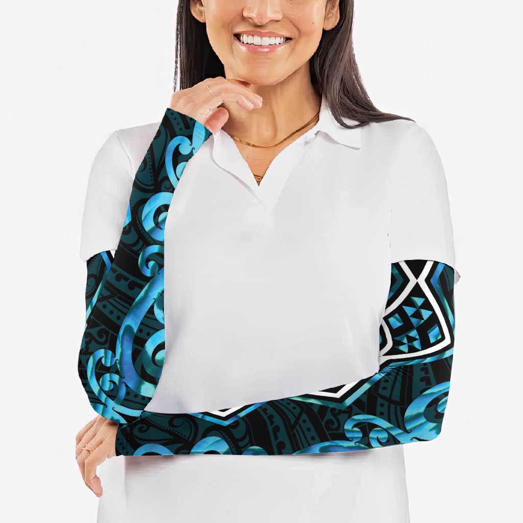 Turquoise Aotearoa Arm Sleeves Taniko Motifs With Paua Shell Kowhaiwhai - Aussie Hoodie