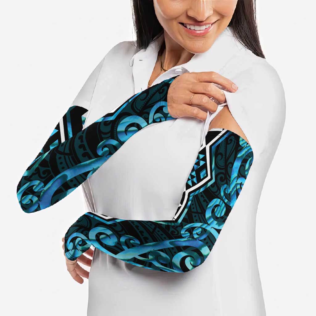 Turquoise Aotearoa Arm Sleeves Taniko Motifs With Paua Shell Kowhaiwhai - Aussie Hoodie