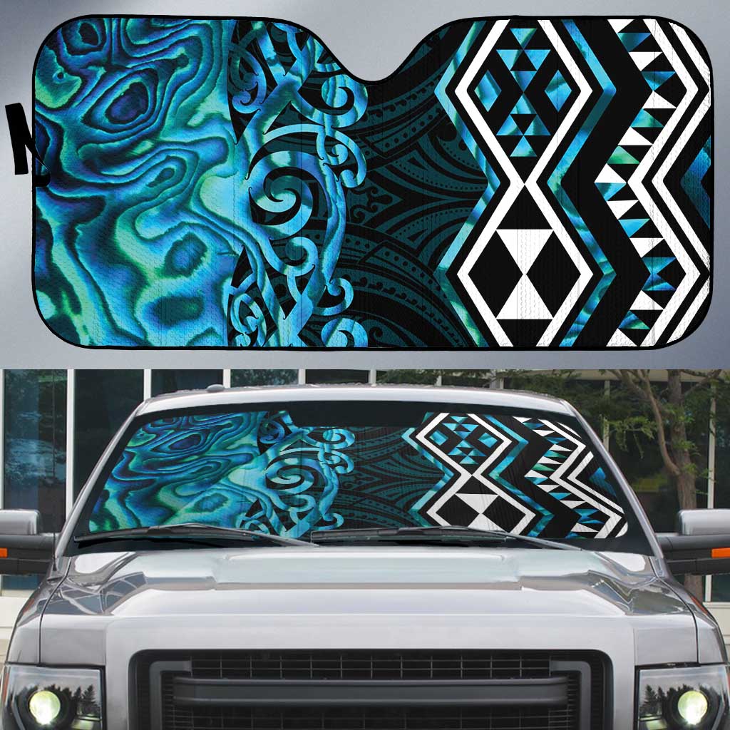 Turquoise Aotearoa Auto Sun Shade Taniko Motifs With Paua Shell Kowhaiwhai - Aussie Hoodie