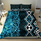 Turquoise Aotearoa Bedding Set Taniko Motifs With Paua Shell Kowhaiwhai