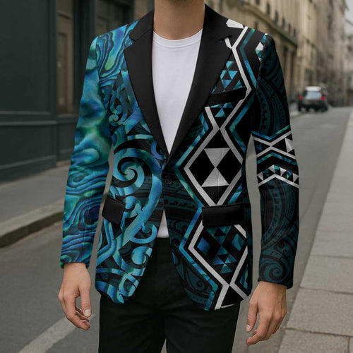 Turquoise Aotearoa Blazer Taniko Motifs With Paua Shell Kowhaiwhai - Aussie Hoodie