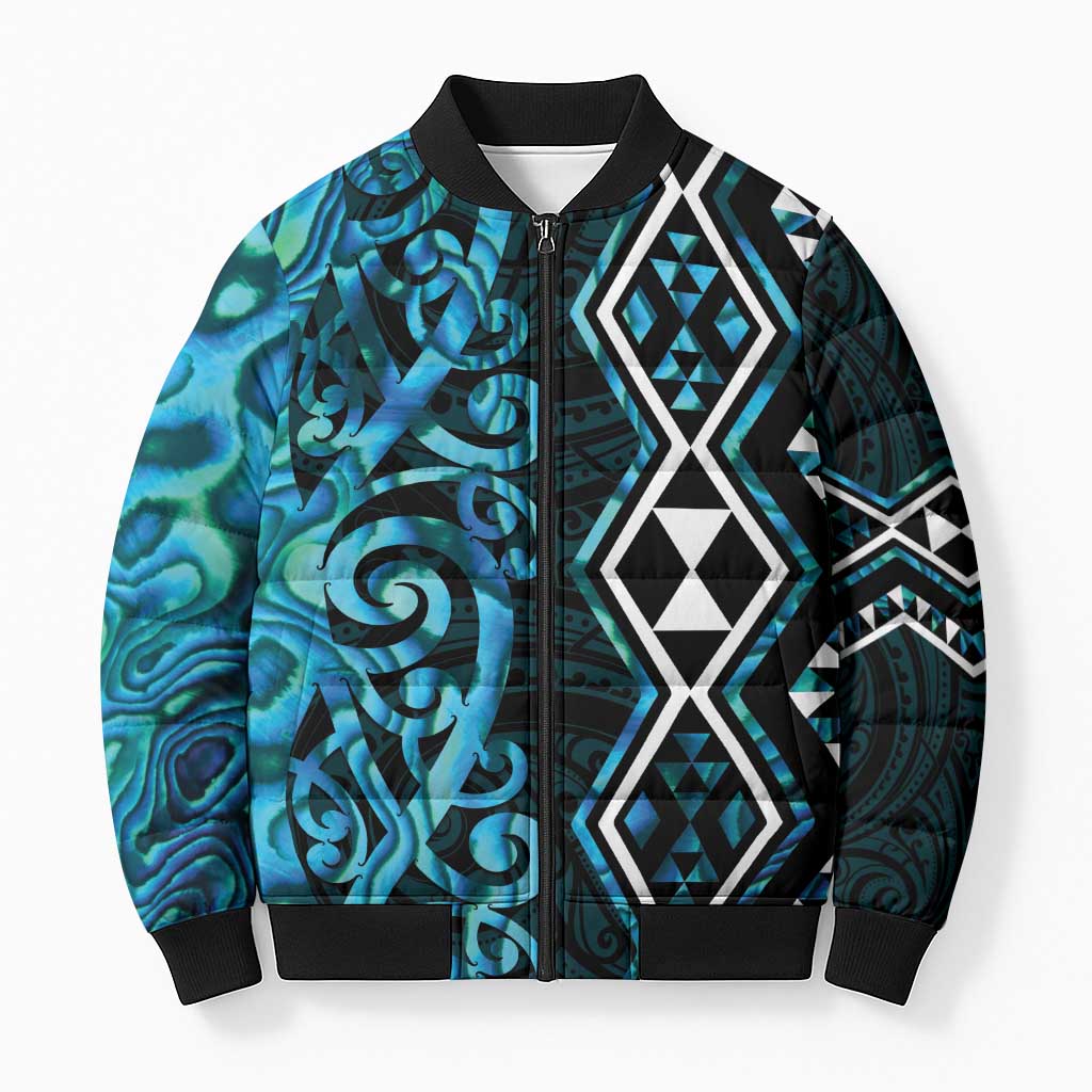 Turquoise Aotearoa Bomber Puffer Jacket Taniko Motifs With Paua Shell Kowhaiwhai - Aussie Hoodie