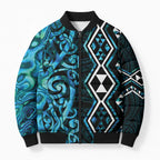 Turquoise Aotearoa Bomber Puffer Jacket Taniko Motifs With Paua Shell Kowhaiwhai - Aussie Hoodie