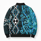 Turquoise Aotearoa Bomber Puffer Jacket Taniko Motifs With Paua Shell Kowhaiwhai - Aussie Hoodie