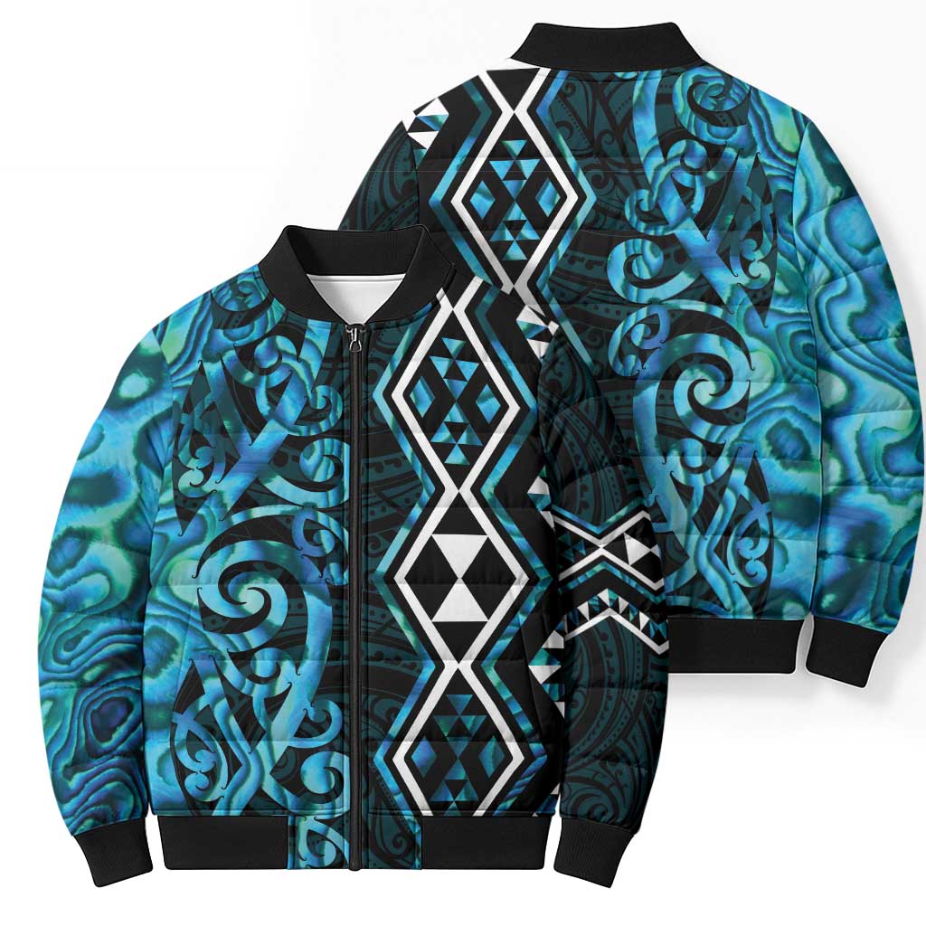Turquoise Aotearoa Bomber Puffer Jacket Taniko Motifs With Paua Shell Kowhaiwhai - Aussie Hoodie