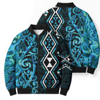Turquoise Aotearoa Bomber Puffer Jacket Taniko Motifs With Paua Shell Kowhaiwhai - Aussie Hoodie