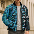 Turquoise Aotearoa Bomber Puffer Jacket Taniko Motifs With Paua Shell Kowhaiwhai - Aussie Hoodie