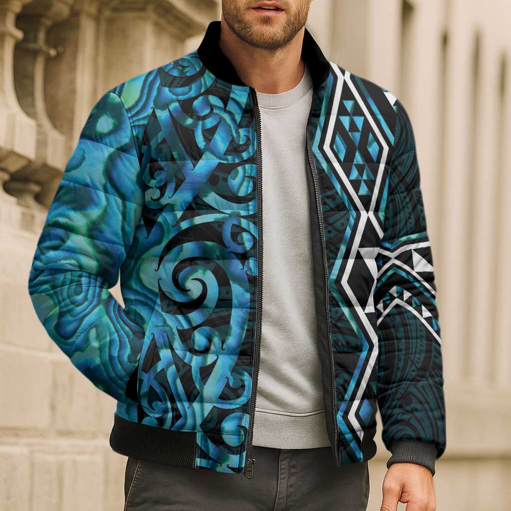 Turquoise Aotearoa Bomber Puffer Jacket Taniko Motifs With Paua Shell Kowhaiwhai - Aussie Hoodie