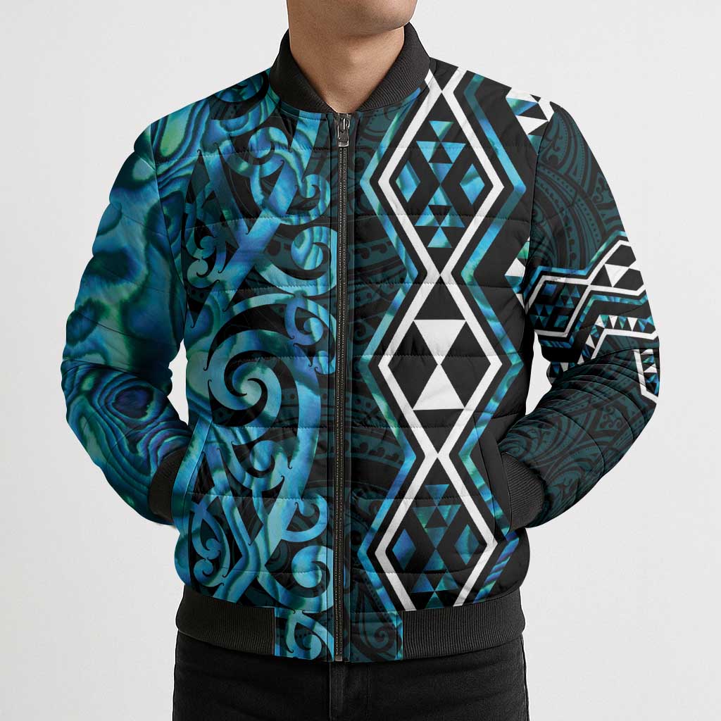 Turquoise Aotearoa Bomber Puffer Jacket Taniko Motifs With Paua Shell Kowhaiwhai - Aussie Hoodie