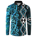 Turquoise Aotearoa Button Sweatshirt Taniko Motifs With Paua Shell Kowhaiwhai