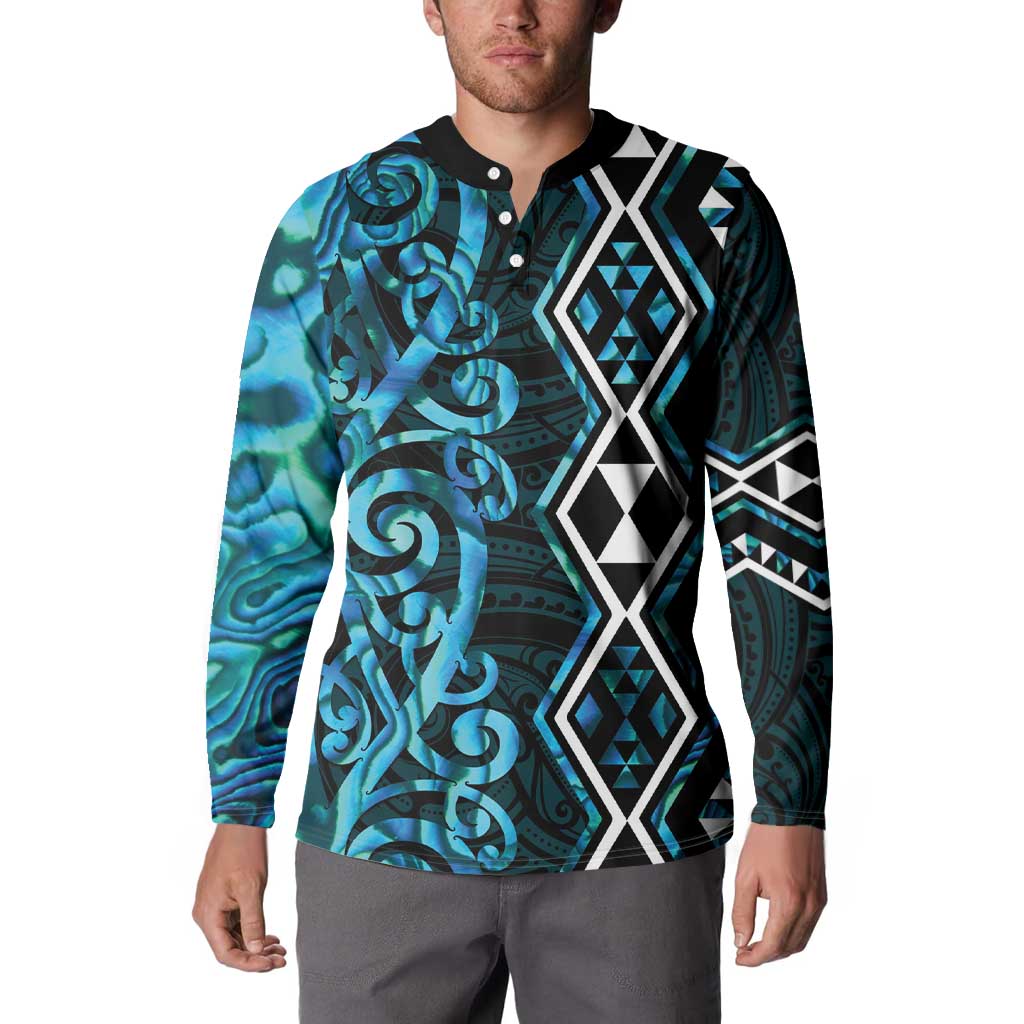 Turquoise Aotearoa Button Sweatshirt Taniko Motifs With Paua Shell Kowhaiwhai