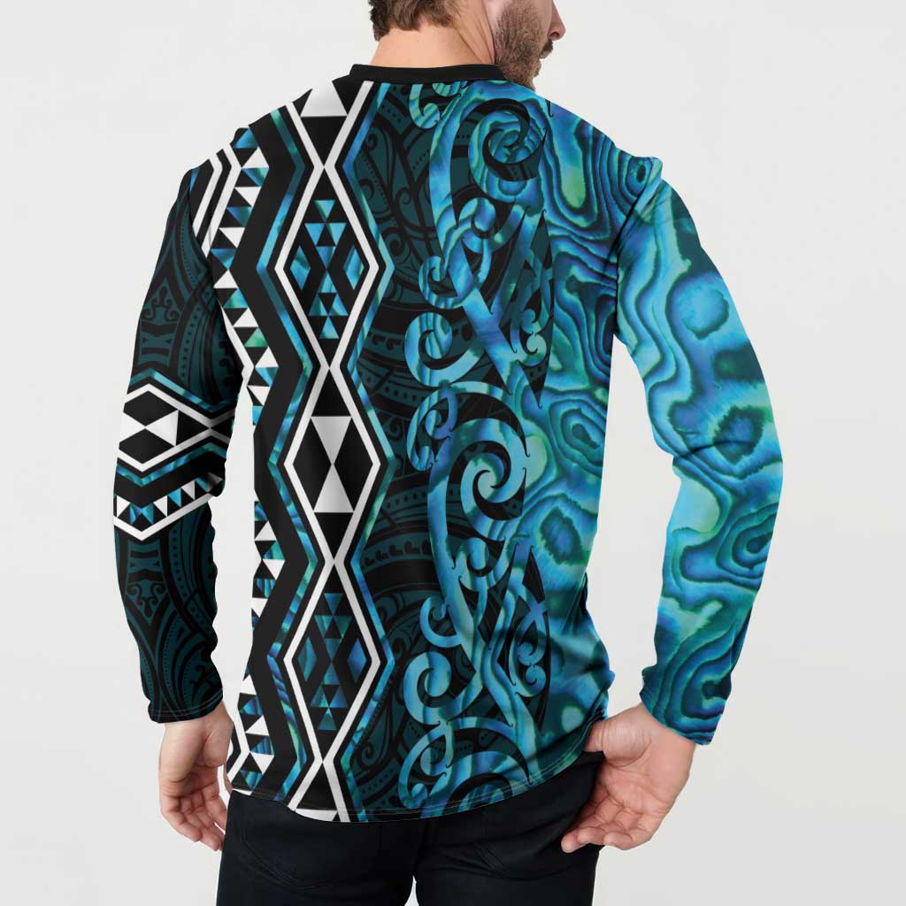 Turquoise Aotearoa Button Sweatshirt Taniko Motifs With Paua Shell Kowhaiwhai