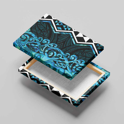 Turquoise Aotearoa Canvas Wall Art Taniko Motifs With Paua Shell Kowhaiwhai