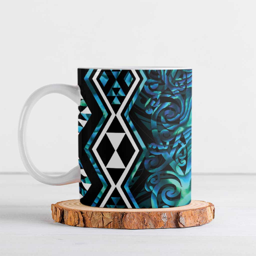 Turquoise Aotearoa Ceramic Mug Taniko Motifs With Paua Shell Kowhaiwhai - Aussie Hoodie