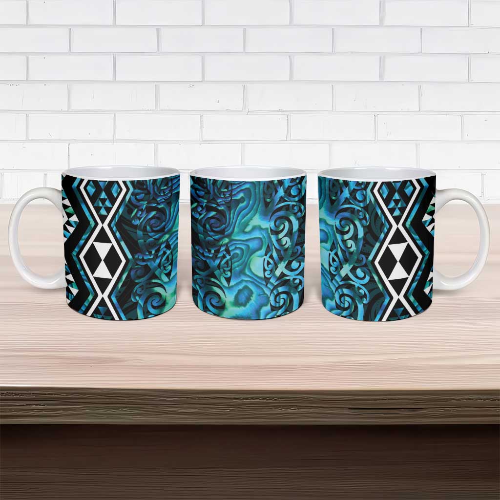 Turquoise Aotearoa Ceramic Mug Taniko Motifs With Paua Shell Kowhaiwhai - Aussie Hoodie