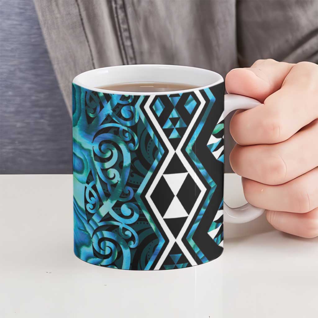 Turquoise Aotearoa Ceramic Mug Taniko Motifs With Paua Shell Kowhaiwhai - Aussie Hoodie
