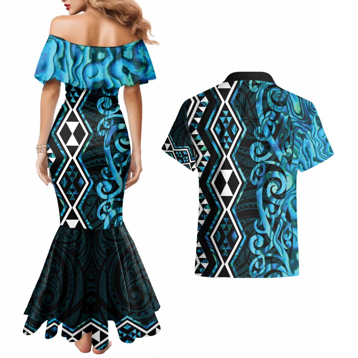 Turquoise Aotearoa Couples Matching Mermaid Dress and Hawaiian Shirt Taniko Motifs With Paua Shell Kowhaiwhai