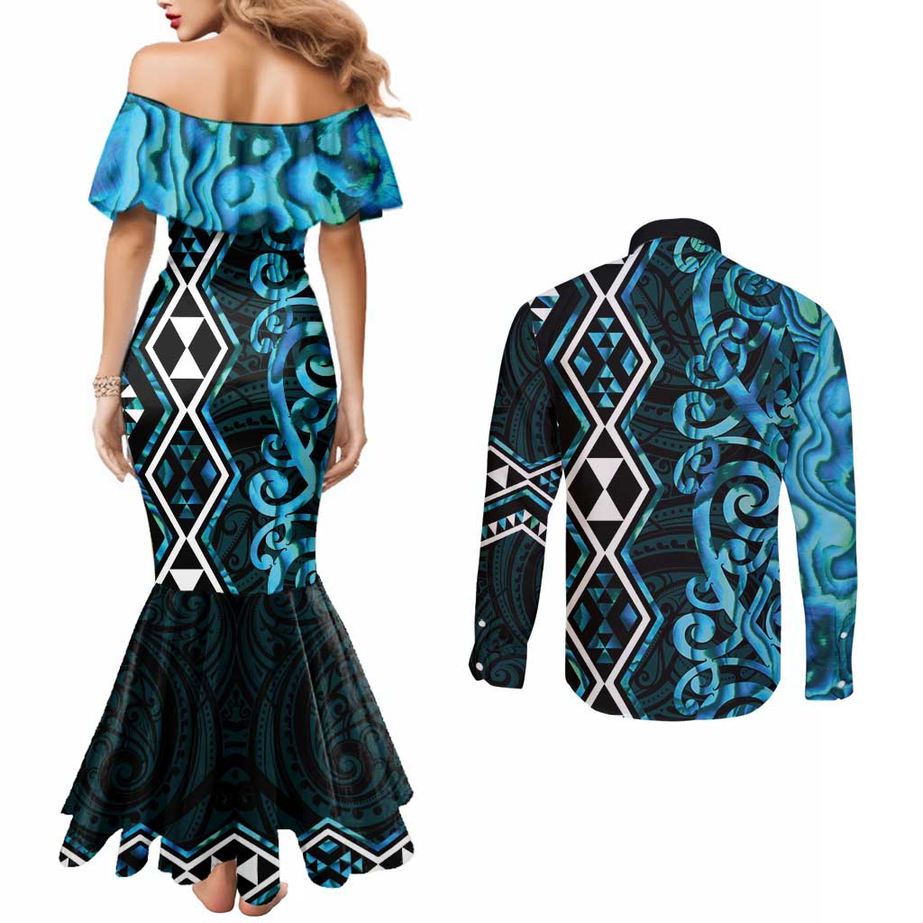 Turquoise Aotearoa Couples Matching Mermaid Dress and Long Sleeve Button Shirt Taniko Motifs With Paua Shell Kowhaiwhai