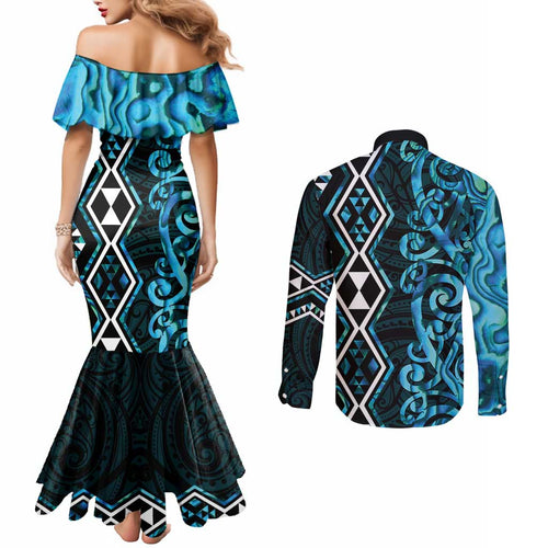 Turquoise Aotearoa Couples Matching Mermaid Dress and Long Sleeve Button Shirt Taniko Motifs With Paua Shell Kowhaiwhai