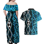 Turquoise Aotearoa Couples Matching Off Shoulder Maxi Dress and Hawaiian Shirt Taniko Motifs With Paua Shell Kowhaiwhai