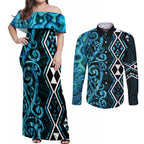Turquoise Aotearoa Couples Matching Off Shoulder Maxi Dress and Long Sleeve Button Shirt Taniko Motifs With Paua Shell Kowhaiwhai