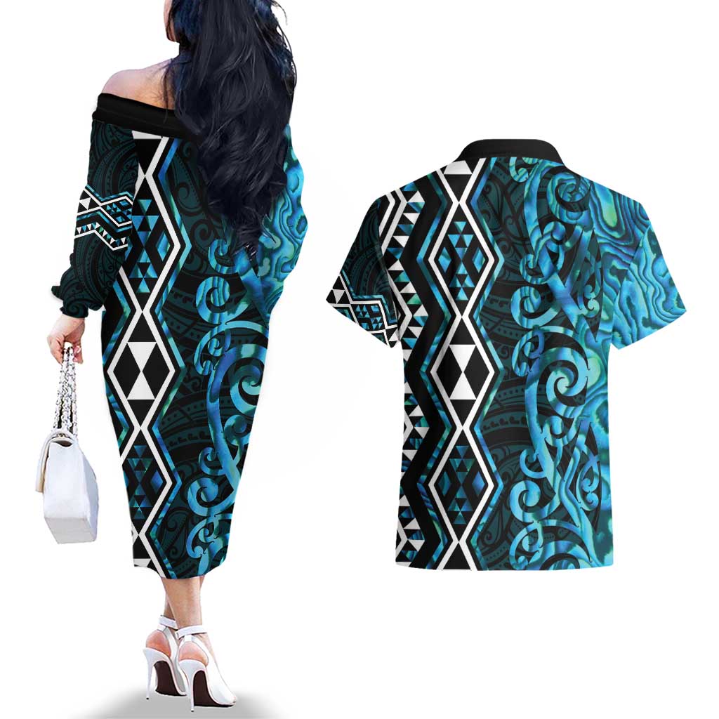 Turquoise Aotearoa Couples Matching Off The Shoulder Long Sleeve Dress and Hawaiian Shirt Taniko Motifs With Paua Shell Kowhaiwhai