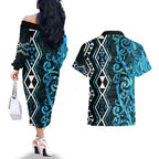 Turquoise Aotearoa Couples Matching Off The Shoulder Long Sleeve Dress and Hawaiian Shirt Taniko Motifs With Paua Shell Kowhaiwhai