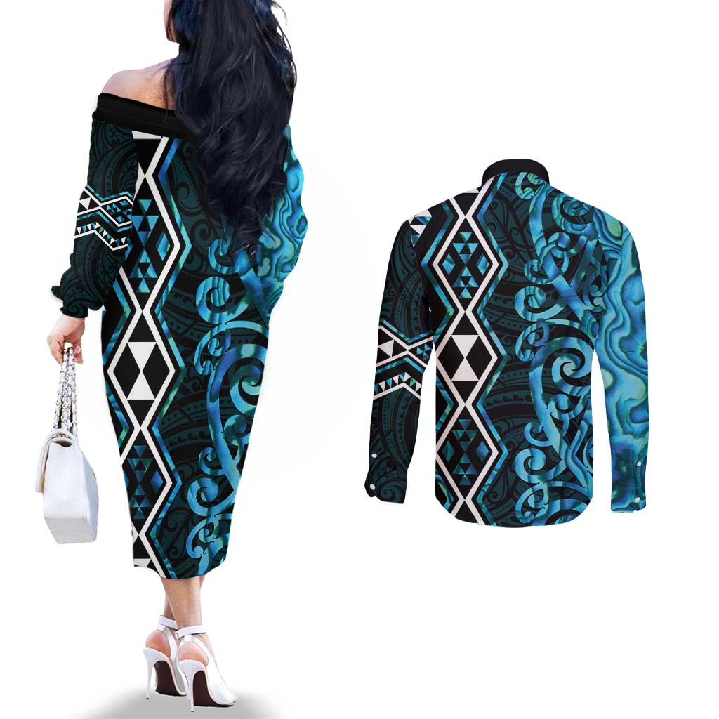 Turquoise Aotearoa Couples Matching Off The Shoulder Long Sleeve Dress and Long Sleeve Button Shirt Taniko Motifs With Paua Shell Kowhaiwhai