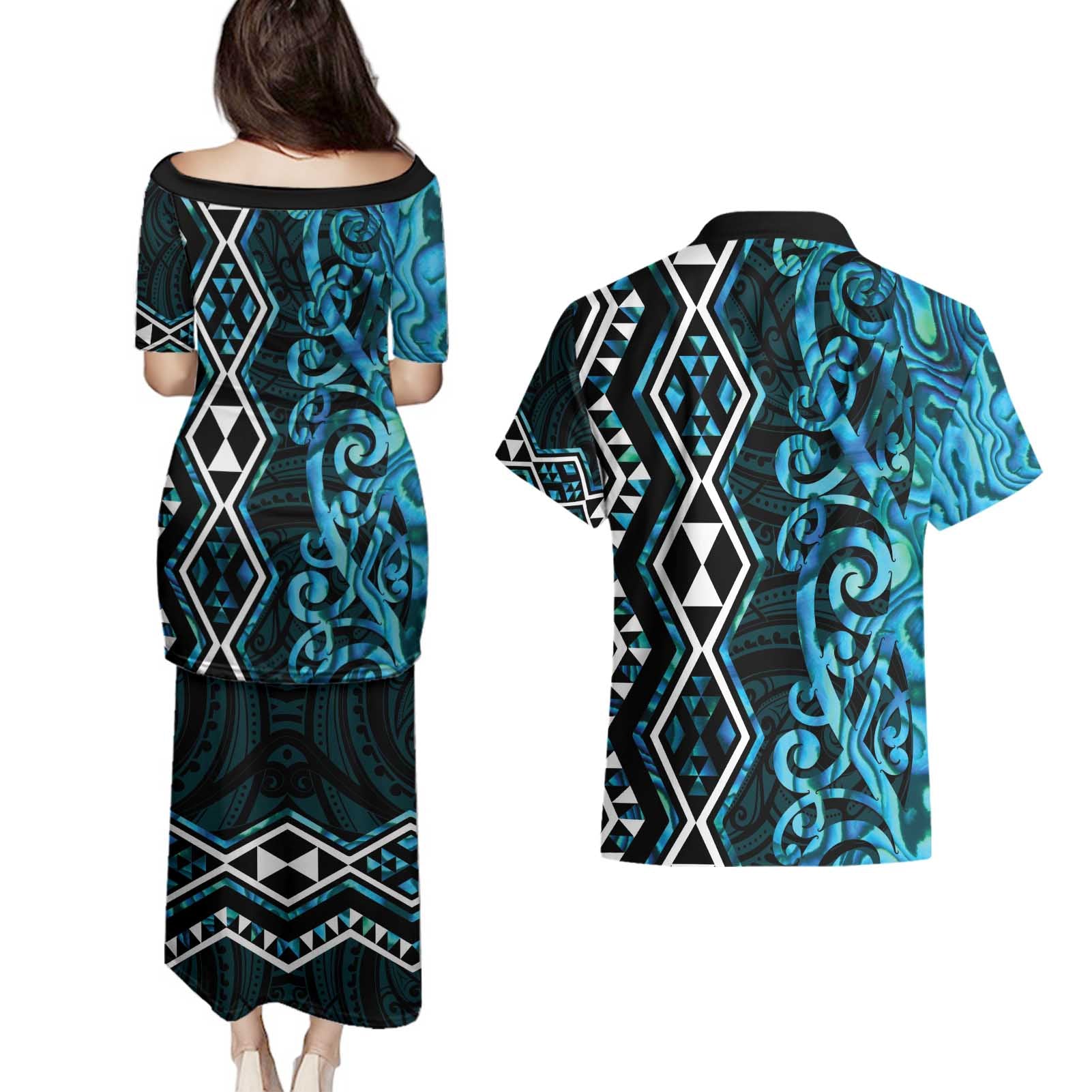 Turquoise Aotearoa Couples Matching Puletasi and Hawaiian Shirt Taniko Motifs With Paua Shell Kowhaiwhai