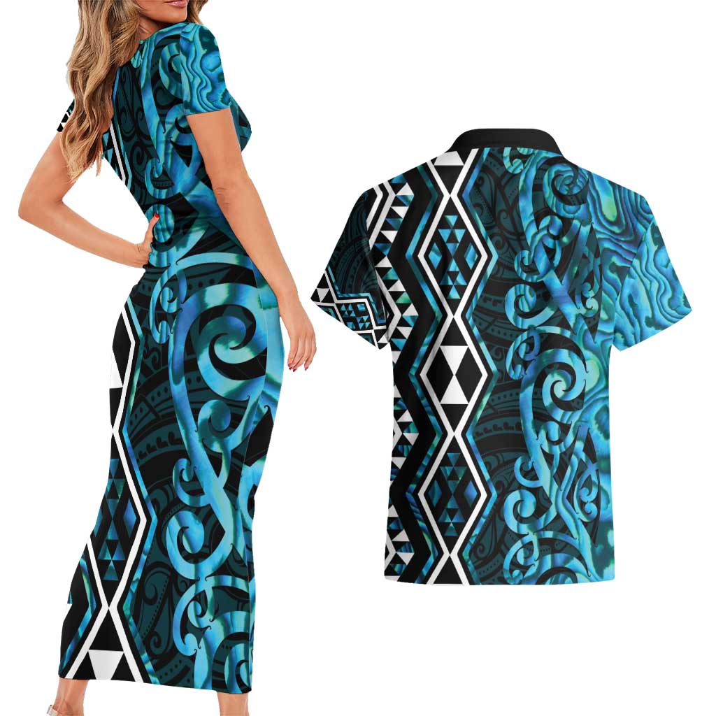 Turquoise Aotearoa Couples Matching Short Sleeve Bodycon Dress and Hawaiian Shirt Taniko Motifs With Paua Shell Kowhaiwhai