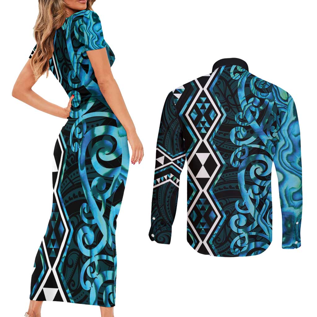 Turquoise Aotearoa Couples Matching Short Sleeve Bodycon Dress and Long Sleeve Button Shirt Taniko Motifs With Paua Shell Kowhaiwhai
