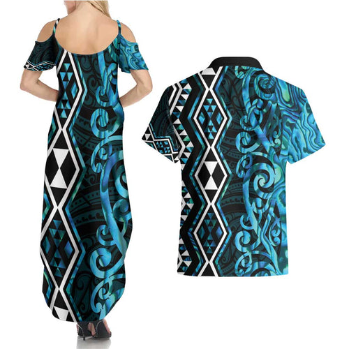 Turquoise Aotearoa Couples Matching Summer Maxi Dress and Hawaiian Shirt Taniko Motifs With Paua Shell Kowhaiwhai