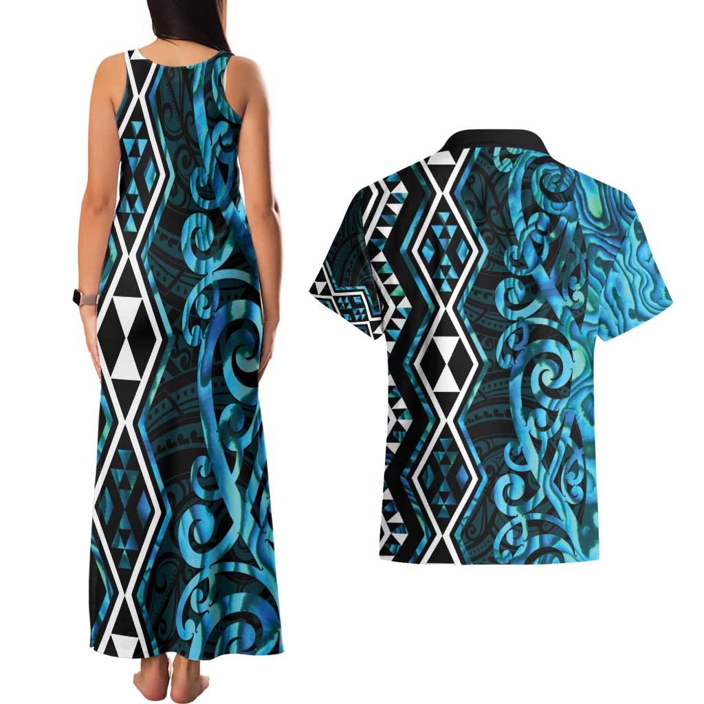 Turquoise Aotearoa Couples Matching Tank Maxi Dress and Hawaiian Shirt Taniko Motifs With Paua Shell Kowhaiwhai