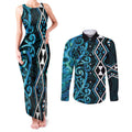 Turquoise Aotearoa Couples Matching Tank Maxi Dress and Long Sleeve Button Shirt Taniko Motifs With Paua Shell Kowhaiwhai