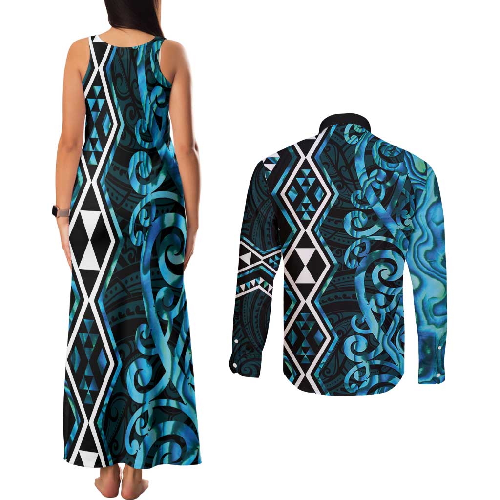 Turquoise Aotearoa Couples Matching Tank Maxi Dress and Long Sleeve Button Shirt Taniko Motifs With Paua Shell Kowhaiwhai