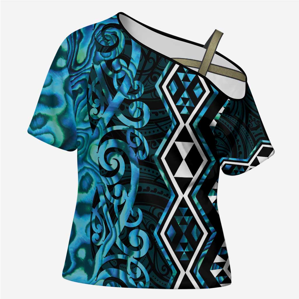 Turquoise Aotearoa Cross Shoulder Shirt Taniko Motifs With Paua Shell Kowhaiwhai - Aussie Hoodie