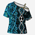 Turquoise Aotearoa Cross Shoulder Shirt Taniko Motifs With Paua Shell Kowhaiwhai - Aussie Hoodie