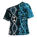 Turquoise Aotearoa Cross Shoulder Shirt Taniko Motifs With Paua Shell Kowhaiwhai - Aussie Hoodie